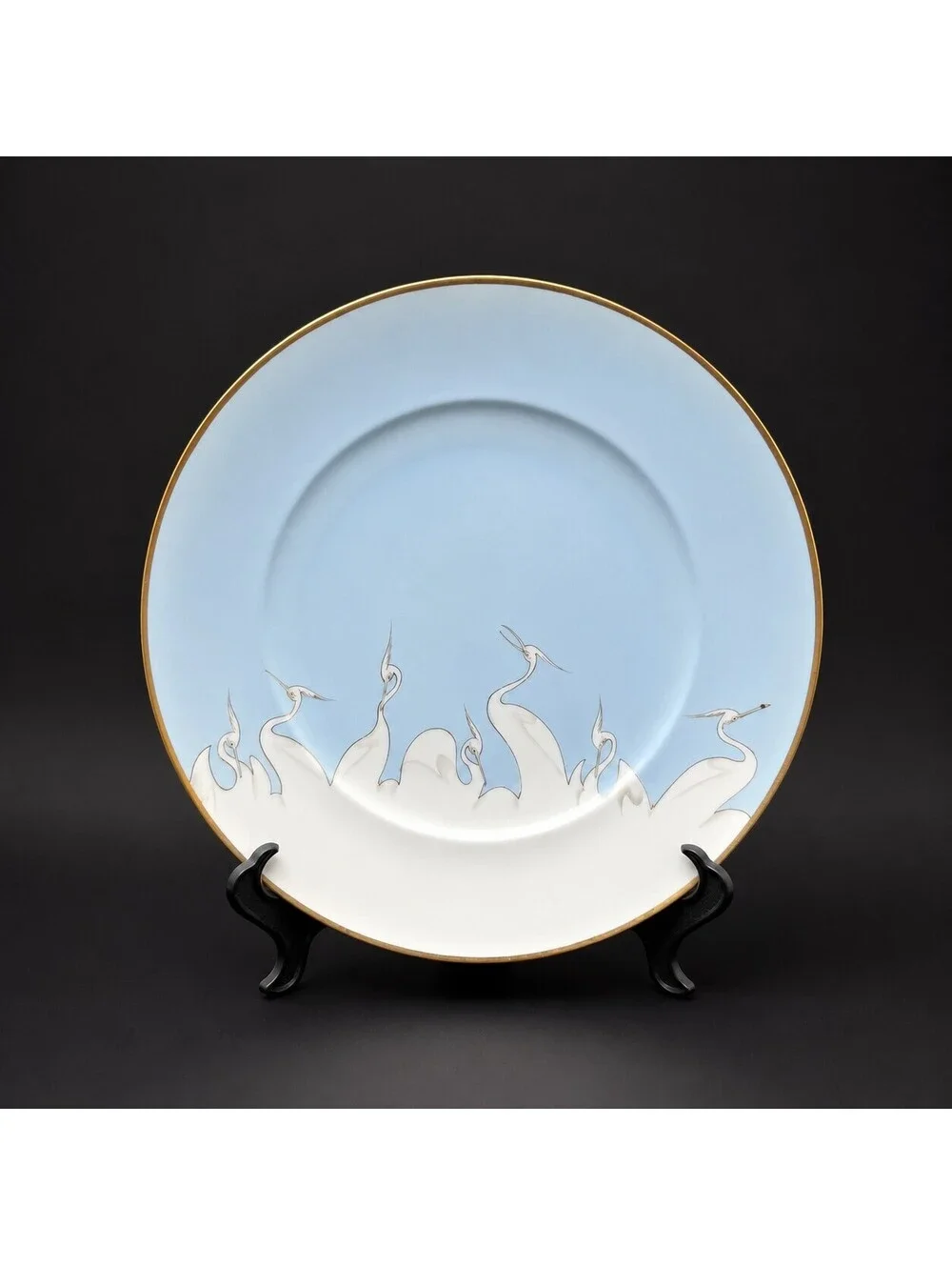 Vintage Hand Painted Nippon Crane Plates Set of 3 Blue Gold 10